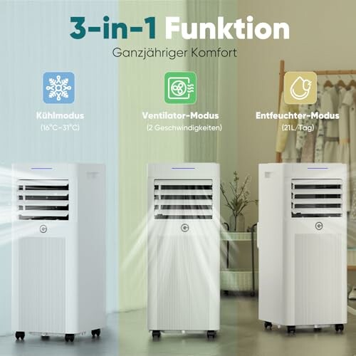 Drei Klimageräte mit verschiedenen Funktionen