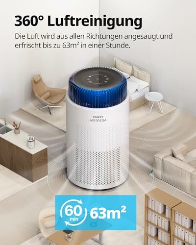 Luftreiniger in einem Wohnzimmer mit 360-Grad-Reinigung.