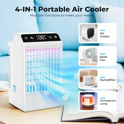 4-in-1 tragbarer Luftkühler mit Luftkühler, Tischventilator, Luftbefeuchter und Atmosphärenlampe.
