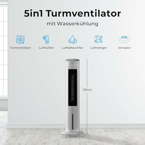 5-in-1 Turmventilator mit Wasserkühlung und Ionisator.