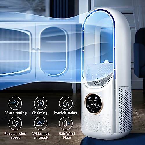 Bladelesser Ventilator mit Funktionen in einem Wohnzimmer.