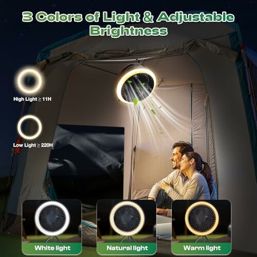 Paar im Zelt mit LED-Licht in verschiedenen Farben und einstellbarer Helligkeit.