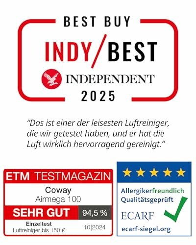 Coway Airmega 100 Luftreiniger mit Auszeichnungen und Testergebnissen.