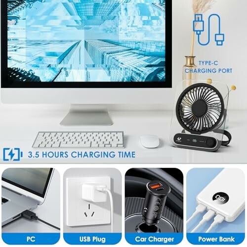 Tischventilator mit verschiedenen Lademöglichkeiten neben einem Computer.