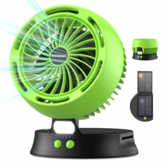 Grüner tragbarer Ventilator mit Solarpanel und LED-Anzeige.