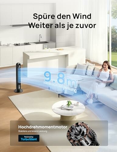 Werbung für einen modernen Turmventilator in einem Wohnzimmer.