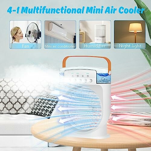 4-in-1 Mini-Luftkühler mit Ventilator, Klimaanlage, Luftbefeuchter und Nachtlicht, auf einem Tisch platziert.