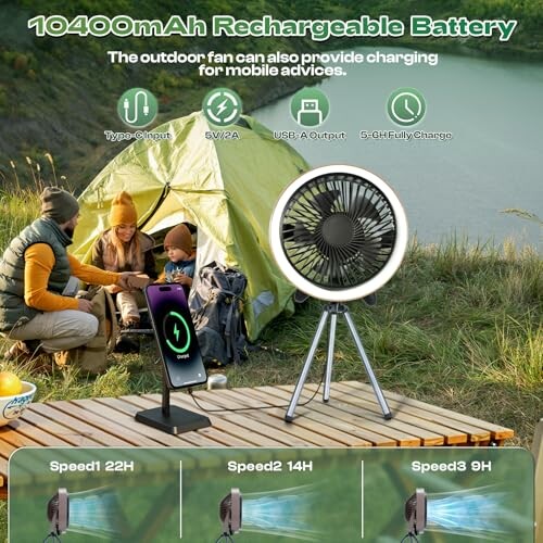 Familie beim Camping mit wiederaufladbarem Ventilator und Handy-Ladestation