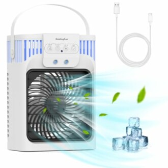Tragbarer Ventilator mit Eiswürfeln und USB-Kabel.