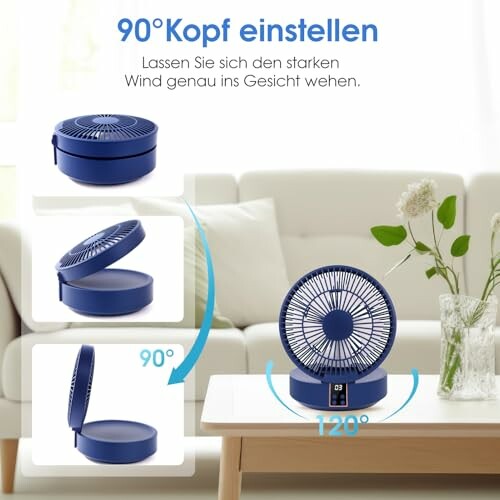 Blauer tragbarer Ventilator mit einstellbarem Kopf.