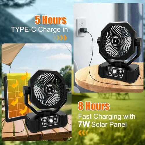 Tragbarer Ventilator mit Solar- und USB-Typ-C-Ladeoptionen.
