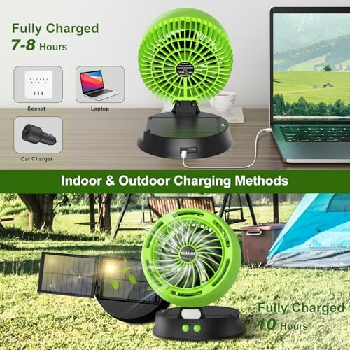 Tragbarer Ventilator mit verschiedenen Lademöglichkeiten.