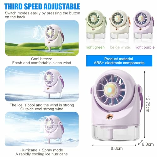 Tragbarer Ventilator mit einstellbaren Geschwindigkeitsstufen und Farboptionen.