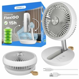Tragbarer Ventilator FlexiGO mit Verpackung und Ladekabel