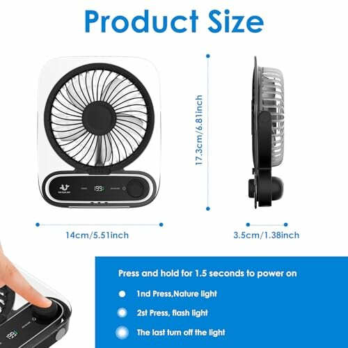 Größenspezifikationen für einen tragbaren Ventilator.