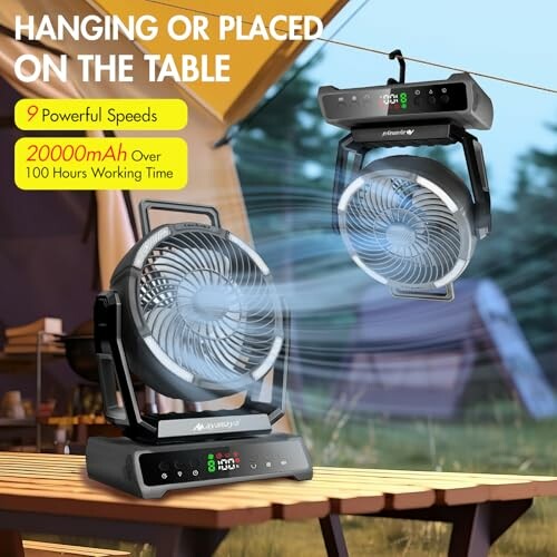 Tragbarer Ventilator mit digitaler Anzeige und Zelt im Hintergrund.