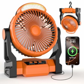 Tragbarer orangefarbener Ventilator mit Handy-Ladefunktion