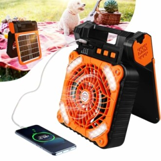 Tragbarer Ventilator mit Solarladung und Handy-Verbindung.