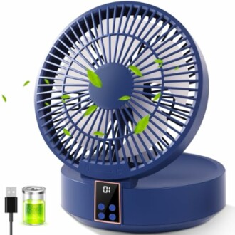 Blauer tragbarer USB-Ventilator mit digitalem Display und grünen Blättern