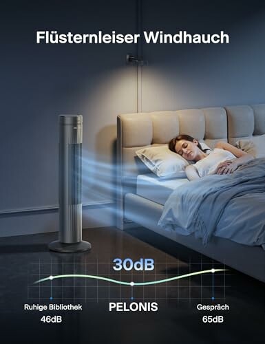 Frau schläft friedlich neben einem leisen Ventilator im Schlafzimmer.