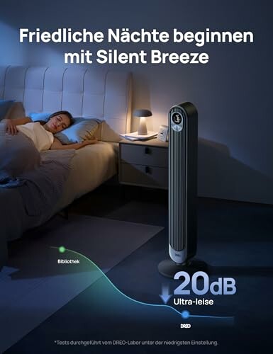Frau schläft friedlich mit leisem Ventilator im Schlafzimmer.