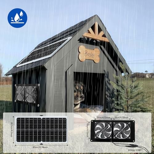 Hundehütte mit Solarpanel und Ventilatoren im Regen