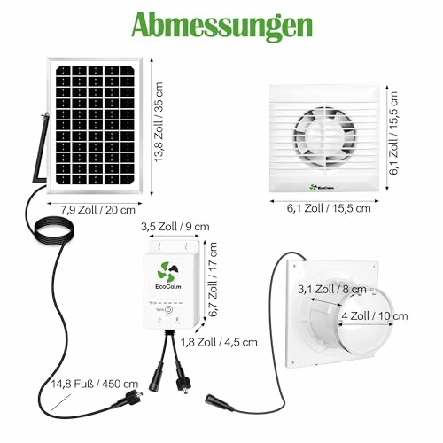 Komponenten eines Solarbelüftungssystems mit Abmessungen