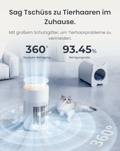 Tierhaarentfernungsgerät neben einer Katze im Wohnzimmer.