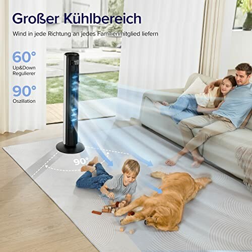 Turmventilator kühlt Wohnzimmer mit Familie und Hund.