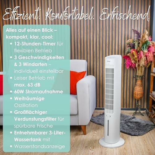 Weißer Turmventilator neben einem Sofa mit Text über seine Funktionen.