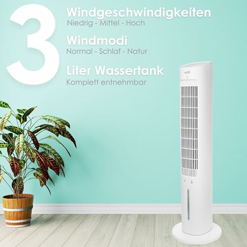 Weißer Turmventilator mit drei Windgeschwindigkeiten und Wassertank