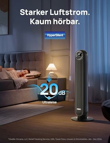 Leiser Turmventilator im Schlafzimmer bei Nacht.