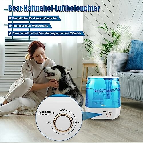 Frau streichelt Hund neben Ultraschall-Luftbefeuchter