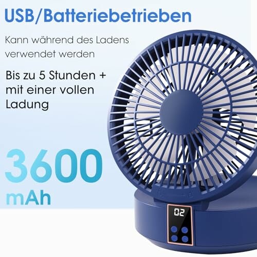 Blauer USB-Ventilator mit Batterieanzeige und 3600 mAh Kapazität